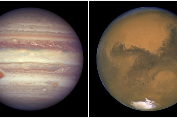 Mars and Jupiter get chummy in the night sky. The planets won’t get this close again until 2033